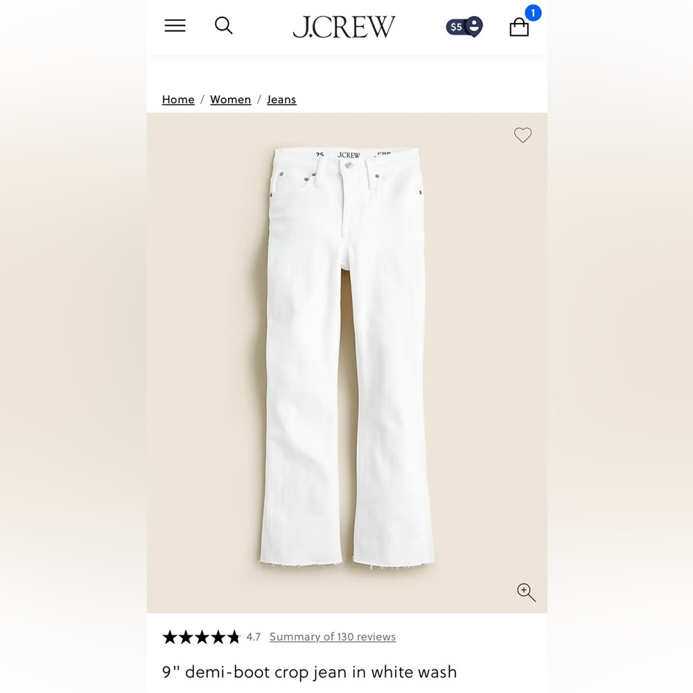 J. Crew White Demi Crop Jean sz 29